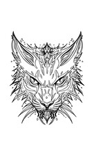 Black and White Tribal Lynx Head Illustration – Ornamental Symmetrical Wild Cat Design