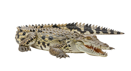 Naklejka premium A realistic side profile of a Nile crocodile showing its scales and open mouth isolated on Transparent Background representing dangerous wild animals