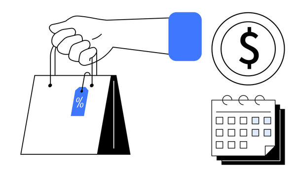 Hand holding shopping bag with sale tag, dollar sign, and calendar symbolizing online shopping, discounts, retail, budgeting, seasonal promotions, consumer behavior spending habits. Simple flat