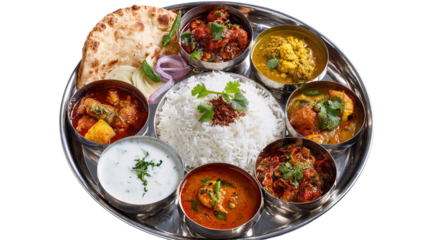 A colorful Indian thali platter featuring basmati rice, naan, and a variety of vegetarian curries and chutneys served in steel bowls.