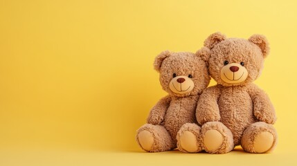 Obraz premium Two cute brown teddy bears sit together on a vibrant yellow background. Use it to illustrate childhood, friendship, or sentimental themes.