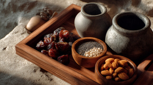 Still life of nuts, seeds, and dried fruit in wooden bowls on a wooden tray with ceramic pottery. - Powered by Adobe