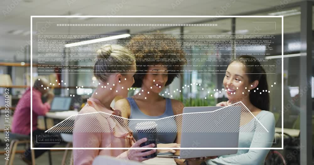 Poster colleagues tapping laptop keyboard starting scrolling code with pulsing dots rising business chart