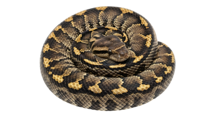 Close Up Top View of a Coiled Rattlesnake Showing Intricate Scale Patterns and Detailed Head on Transparent Background
