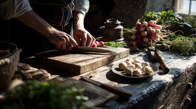 Natural light falling on chefs hands slicing