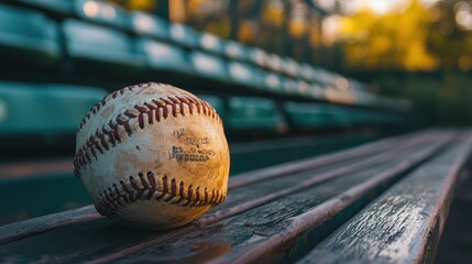 Worn baseball resting on stadium bench awaiting the next game to be played