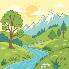 Obraz premium Serene mountain landscape with winding river and lush greenery under a warm sun silhouette