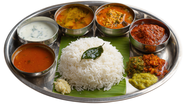 A colorful Indian thali platter featuring basmati rice, naan, and a variety of vegetarian curries and chutneys served in steel bowls. - Powered by Adobe