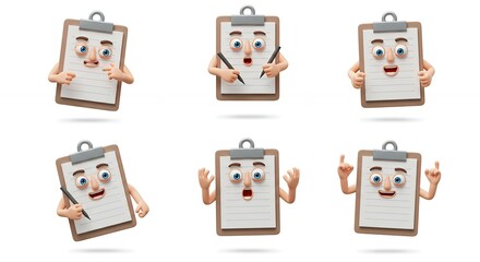 Cartoon clipboard characters set with various expressions