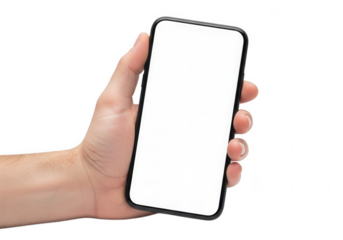 Close up of a human hand holding a modern smartphone with a blank white screen isolated on transparent background