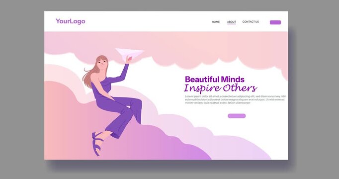 Web page design template. Moving banner with happy beautiful woman sitting on pink clouds. Landing page layout for wellness services, psychotherapeutic consultations. Flat graphic animated cartoon
