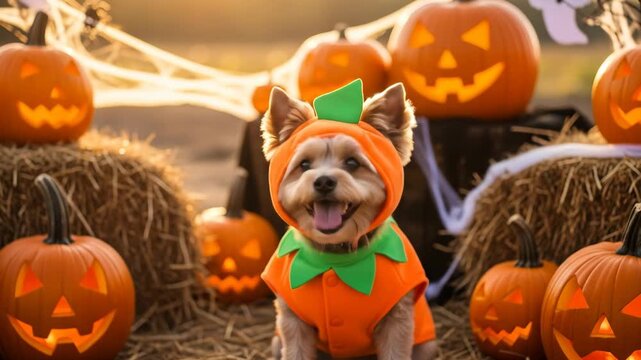 Adorable dog in halloween costume surrounded by pumpkins pumpkin costume dog outdoor photography festive autumnal cute puppy dog portrait
