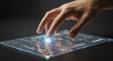 Interactive Tablet Interface: A hand delicately interacts with a transparent tablet, revealing an intricate interface showcasing technological advancements and innovation in a sleek, modern context.