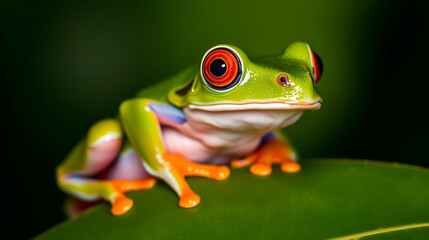 The cutest frog in the world. Red eyed tree frog. Amazing, lovely, smiley, funny.  Native in rain forest, excellent jumper, red eye staring at predator, surprise.