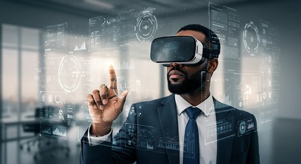 Virtual Reality and Business Innovation: A modern man wearing virtual reality glasses is in a stylish business suit and interfaces with digital projections of data.