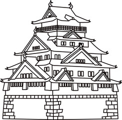 日本の城　大阪城のイラスト画像モノクロ線画