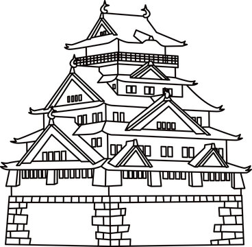 日本の城　大阪城のイラスト画像モノクロ線画