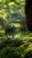 Captivating crystal ball reflects lush forest canopy on mossy forest floor, nature's beauty magnified.