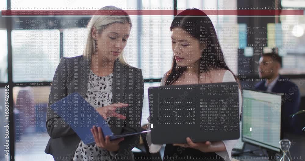 Aufkleber business duo pointing binder and initiating animated code scanning laptop for data analysis