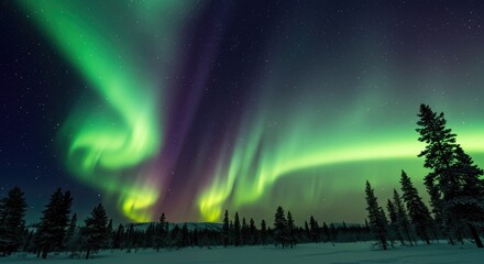 The aurora borealis glows and swirls across the night sky.
