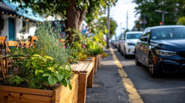 Medium shot highlighting a cozy parklet popup installation with plants and seating sharply focused while parked cars and street details fade softly out of focus.
