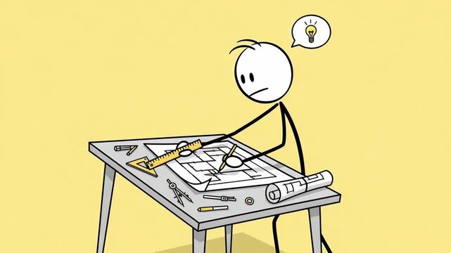 Stickman Architect Drawing Blueprint at Desk