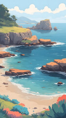 Serene Coastal Landscape with Rocky Outcrops and Blue Ocean.