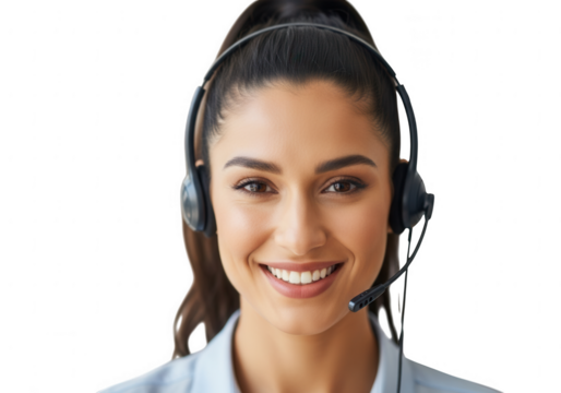 Smiling young woman wearing a headset and looking directly at the camera isolated on transparent background