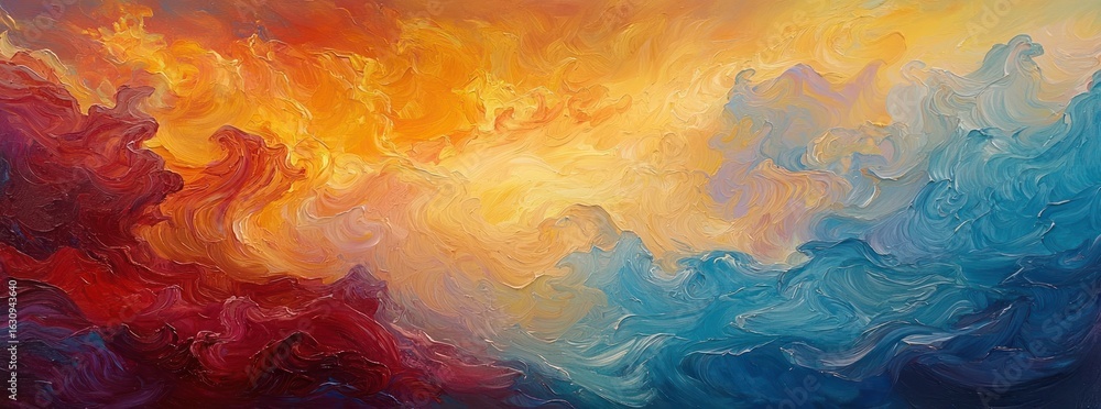 Poster abstract artistic composition featuring fluid waves of colors orange yellow red and blue blending in