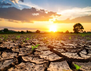 Drought-stricken field at sunset