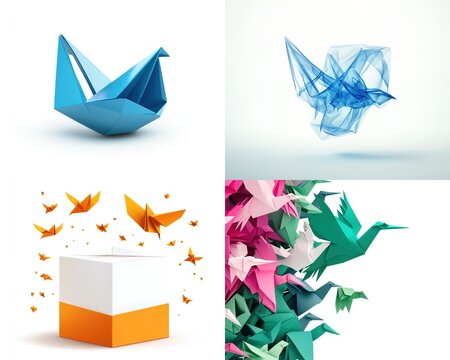 Four digital illustrations showcasing origami birds in various styles a classic folded crane, a translucent wireframe bird, a flock emerging from a box, and a vibrant cluster of abstract origami birds