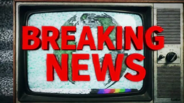 Retro television broadcasting a Breaking News alert with a world globe on a static screen.