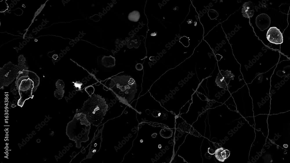 Poster white ink splashes and spreads across a black background, creating intricate patterns and abstract a