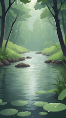 Serene Forest Stream in Gentle Rain.