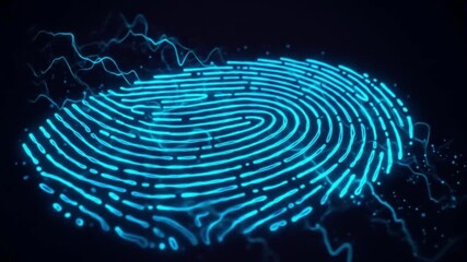 Glowing blue fingerprint on a black background highlighted with abstract lightblue lines radiating outwards - Powered by Adobe