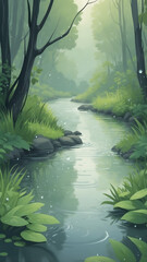 Serene Forest Stream with Gentle Rain.