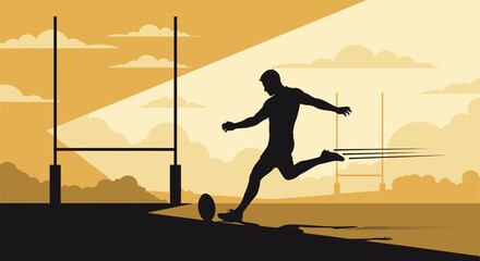 A silhouette of a rugby player powerfully kicking a ball towards the goal posts on a field.