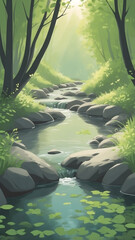 Serene Forest Stream with Sunlight and Rocks.