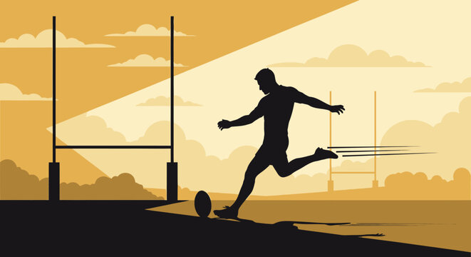 A silhouette of a rugby player powerfully kicking a ball towards the goal posts on a field.