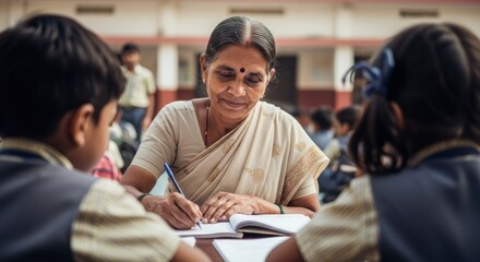 Education with Indian Teacher Helping Students Write in Classroom, Promoting Learning and Development in a School Environment, Encouraging Academic Success