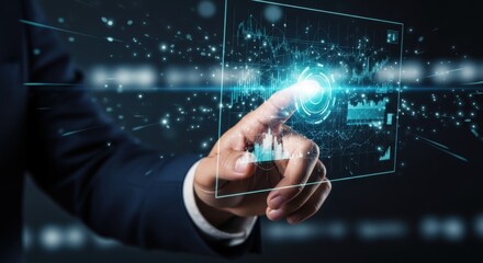 Businessman's Finger Interacting with Futuristic Holographic Data Interface Displaying Financial Charts and Analytics