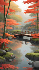 Serene Japanese Garden with Autumn Foliage and Bridge.