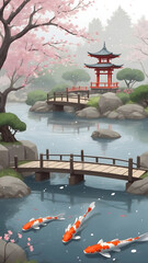 Serene Japanese Garden with Koi and Cherry Blossoms 1.
