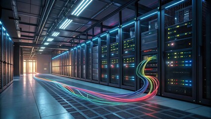 Modern data center with glowing fiber optic cables and server racks illuminated by blue lights