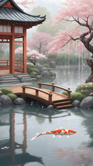 Serene Japanese Garden with Koi and Cherry Blossoms 2.