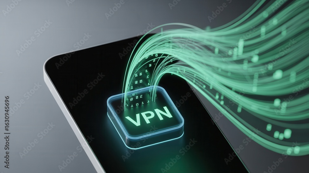 Poster vpn privacy safety smartphone concept. a smartphone displays a vpn symbol with data streams flowing 