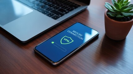 VPN privacy safety smartphone concept. Smartphone displaying VPN connection next to a laptop and a small potted plant on a wooden desk.
