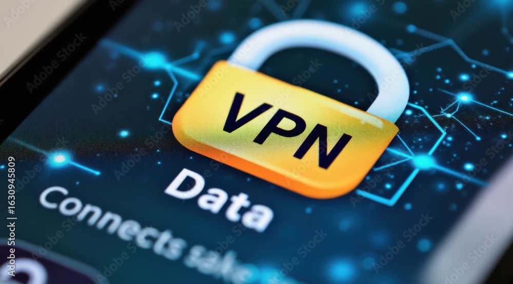 Poster vpn privacy safety smartphone concept. secure vpn connection symbol on a mobile device screen showca