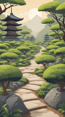 Serene Japanese Garden with Pagoda and Stone Path.