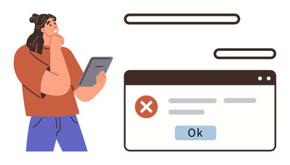 Woman holding tablet appears thoughtful near browser pop-up with error and Ok button. Ideal for problem-solving, technology, user interface, troubleshooting, IT, decision-making, simple flat metaphor